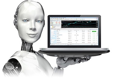 a forex robot holds a laptop showing a forewx chart