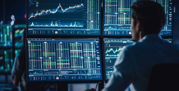 a forex trader looking at multiple monitors